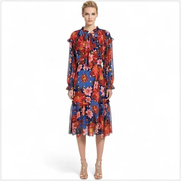 Farm Rio Navy Garden Lenzing Ecovero Viscose Midi Dress Blue Floral NWT New XL - Picture 1 of 8